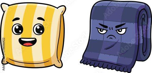 Cartoon pillow and blanket with expressive faces, happy pillow, grumpy blanket, funny home decor, cozy bedding, cute illustration