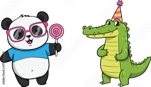 Cartoon panda and crocodile, party animals, festive illustration, anthropomorphic characters, kids celebration, cute animal friends, birthday theme, playful artwork