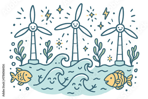 Smiling Turbine Serenade. Magical doodle renewable ocean energy illustration with smiling turbines, cartoon waves dancing,