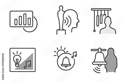 Sound and Shadow Fusion. Line style icons of sound shadow fusion: shadow-responsive tone panel, echo and silhouette sculpture,
