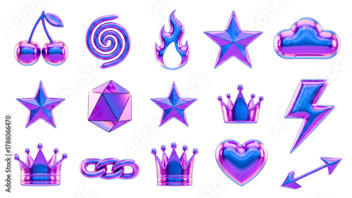 3d glass holographic y2k abstract shape set - heart, flame, stars, cherry, lightning, crown, chain, arrow, polygon, spiral line, sphere with neon gradient isolated on trasparent background - 2