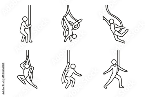 Silk Drop Icons. Line style icons of silk drop techniques: single drop prep, double spin drop, slack drop arc, surprise release