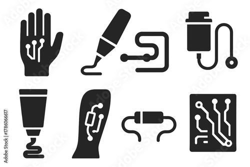 Skin Circuit Icons. Solid style icons of conductive bio-inks and skin circuits: printed circuit on hand icon, bio-pen drawing line