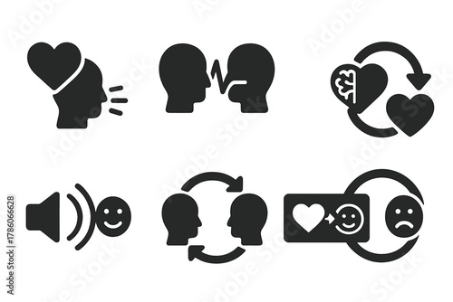 Emotion Beam Icons. Solid style icons of empathic transmission: emotion beam icon, shared mood pulse, feeling-to-feeling bridge.