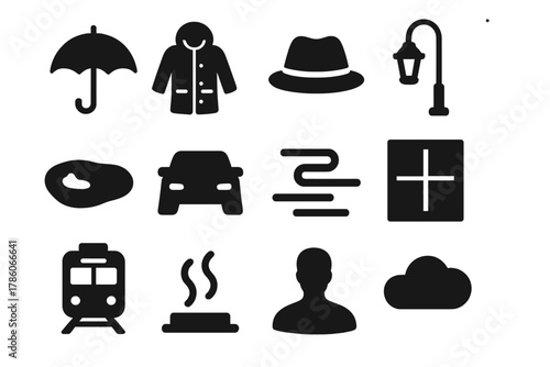 Rainy Atmosphere Icons. Solid style icons of Rainy Atmosphere: Umbrella, Coat, Hat, Streetlamp, Puddle, Car Lights, Fog, Dark