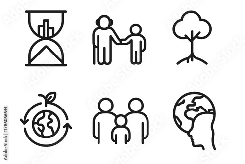 Long-Term Icons. Line style icons of Long-Term Thinking: hourglass with skyline, intergenerational link, far future tree,