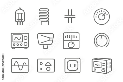 Vintage Electronics Icons. Line style icons of vintage electronics: vacuum tube, coil, capacitor, resistor; signal generator,