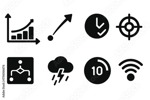Jump Point Icons. Solid style icons of jump point planning: altitude line glyph, trajectory arc icon, timing badge. Launch ring,