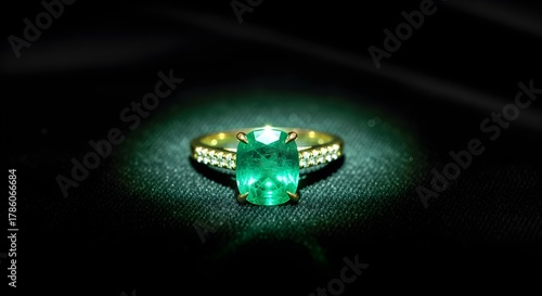 A creatively enhanced rephrasing of emerald ring on black velvet with green glowing reflection, depicted with richer detail and a more artistic presentation.