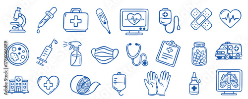 Set of hand-drawn medical line icons including hospital tools, doctor equipment, and healthcare symbols. Perfect for web design, infographics, print, and educational materials