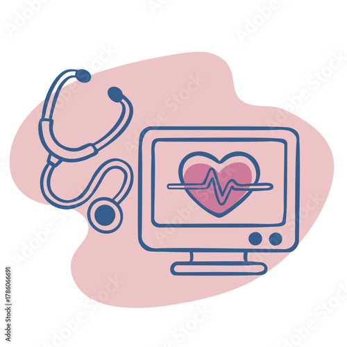 Vector line illustration of a stethoscope and heart monitor with heart pulse. Hand-drawn healthcare and cardiology icon for hospitals, medical infographics, and doctor designs