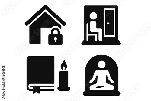 Icons of Private Retreats. Solid style icons of private retreat spaces: cabin with lock icon, single room symbol, private journal