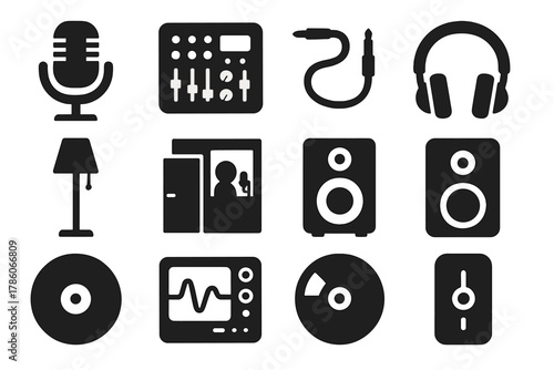 Vintage Studio Icons. Solid style icons of Vintage Studio: Microphone, Mixing Desk, Patch Cable, Headphones, Floor Lamp, Recording
