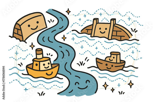 Joyful Flood Monitoring. Friendly doodle flood monitoring illustration with happy rivers, cartoon levees smiling, cheerful boats