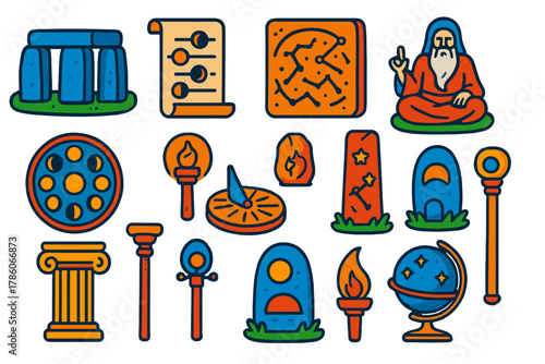 Ancient Astronomy Icons. Isometric vector illustration set Ancient Astronomy: aligned stone circle, eclipse forecast chart,