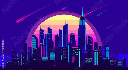 Night City Skyline with Neon Lights and Shooting Stars Over a Glowing Sunset in a Retro Style