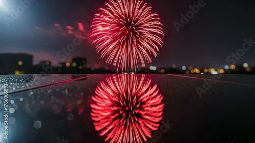 Fireworks reflect on a wet car roof at night in an urban landscape