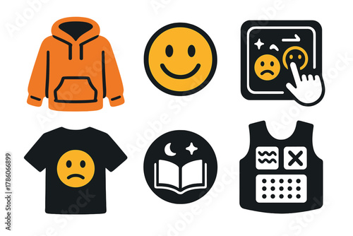 Children's Mood Fashion Icons. Solid style icons of children's mood fashion: color hoodie icon, smiley patch badge, interactive