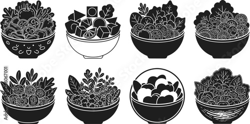 Black and white salad bowl illustrations, healthy food sketch, vegetable drawing, artistic salad design, monochrome nutrition concept, hand drawn style