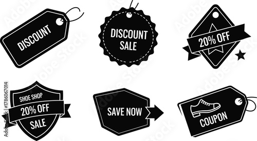 Black and white discount tags, sale labels, promotional badges, retail offer signs, coupon icons, marketing graphics, shop price stickers