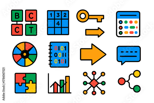 Colorful Cryptography Icons. Flat vector icons of encryption and decryption techniques: substitution cipher, transposition diagram
