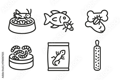Bug Cuisine Icons. Line style icons of bug cuisine for pets: cricket kibble bowl, insect cat treat, dog biscuit with bug, fish