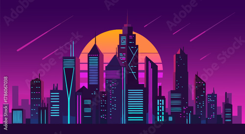 Retrofuturistic Cityscape at Sunset with Neon Lights and Falling Stars