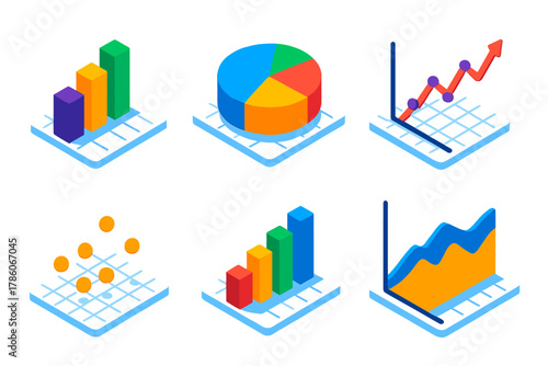 Vibrant Data Visualization Icons. Isometric vector illustration set Data Visualization Basics: bar chart, pie chart, line graph,