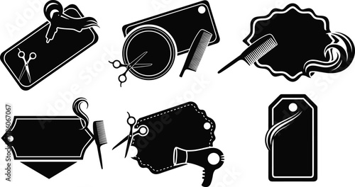 Barber shop label design, hair salon tag, scissors icon, comb graphic, hairdryer symbol, hairstyling logo, monochrome beauty branding
