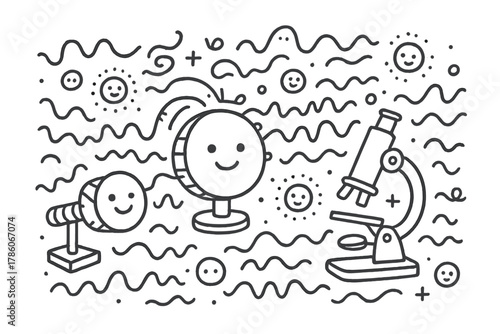 Whimsical Quantum Lab. Whimsical doodle quantum lab with smiling particle accelerators, cheerful virtual particles popping in and