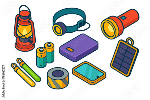 Camping Essentials Icons. Isometric vector illustration set Camping essentials – lantern, headlamp, flashlight; spare batteries,
