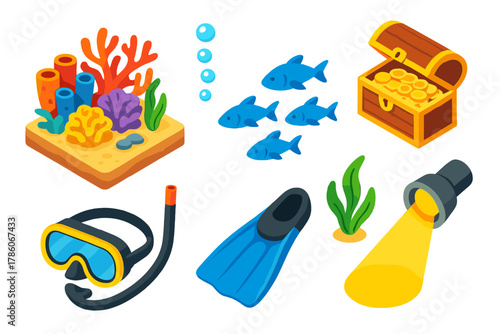 Underwater Comic Elements. Isometric vector illustration set Comic book elements – underwater scene, coral reef, treasure chest;