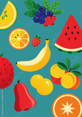 Bright Fruits A Colorful, Delicious Array of Oranges, Strawberries, Watermelon, Bananas, Berries & More