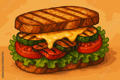 Grilled Veggie Sandwich. Grilled vegetable sandwich with melted cheese, fresh tomatoes, and crisp lettuce, served on rustic bread,