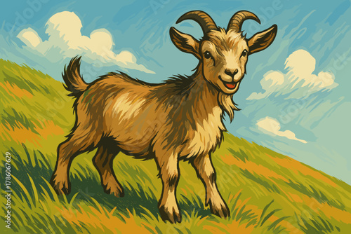 Playful Goat on Hillside. Playful goat standing on a grassy hillside under bright natural light, vibrant earthy tones and sharp
