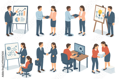 Business People Collaboration. Isometric vector illustration set of Business People: financial advisor showing chart, coworker