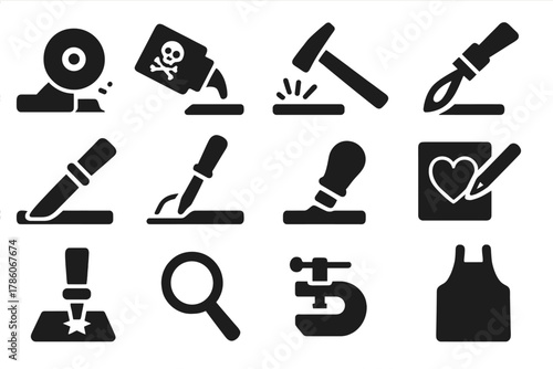 Metalwork Tools Icons. Solid style icons of Metalwork process: polishing wheel, acid etch, hammering surface, annealing flame,