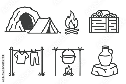 Cave Camp Essentials. Line style icons of cave camp setup: tent near cave, fire at safe distance, gear storage in crate, drying