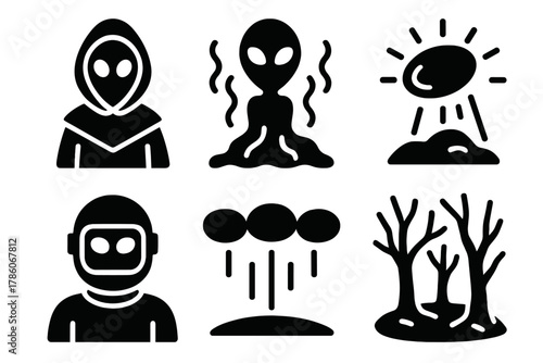 Cryptid Icons Collection. Line style icons of Cryptid Research: Flatwoods Monster, alien mist, glowing object, helmeted head,