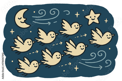 Cheerful Migrating Birds. Adorable doodle migratory flock formation with smiling birds, cartoon wind currents waving, cheerful
