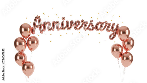 Vector illustration of rose gold foil balloons spelling anniversary with balloon clusters on a white background