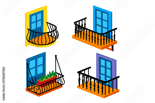 Isometric Balcony Illustrations. Isometric vector illustration set Balconies – Juliet balcony, cantilever balcony, suspended