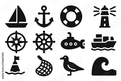 Nautical Icons Collection. Solid style icons of Sea travel: sailboat, anchor, lifebuoy, lighthouse, compass rose, steering wheel,