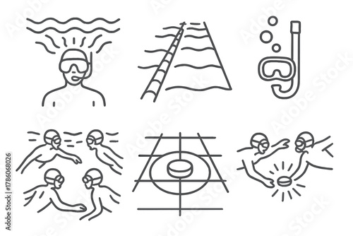 Underwater Game Icons. Line style icons of underwater game environment: rippling light over players, pool lane with shadows, air