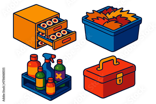 Taxidermy Studio Icons. Isometric vector illustration set Taxidermy Studio Storage: Labelled eye drawer, fur scraps bin, chemical