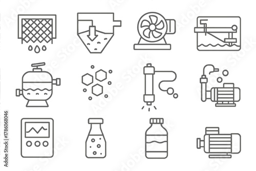 Water Treatment Icons. Line style icons of water treatment: filter screen, settling tank, aeration blower, sludge scraper; sand