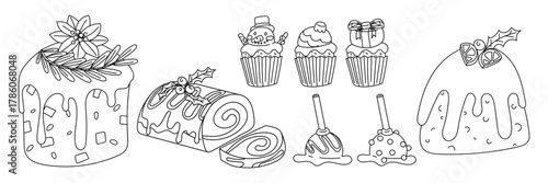 Set of Christmas desserts line art drawing. Black outline, doodle. Collection of festive puddings, cake, roll, cupcakes with snowman, gift, and Christmas ball for coloring and creating festive design