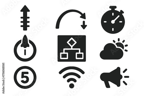 Jump Point Icons. Solid style icons of jump point planning: altitude line glyph, trajectory arc icon, timing badge. Launch ring,