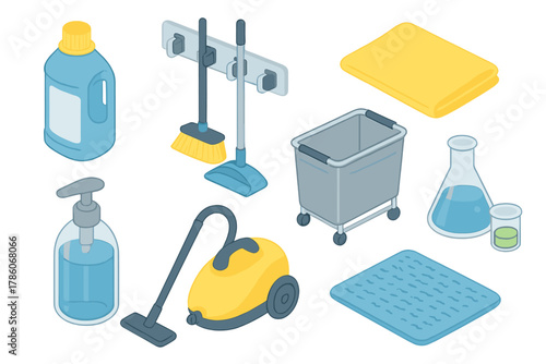 Isometric Cleaning Essentials. Isometric vector illustration set of Cleaning Services: sealed chemical bottle, wall-mounted mop