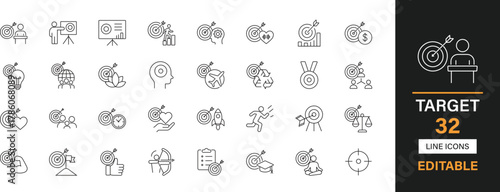 Target 32 editable line icons pack. Goal, achievement, success, focus, bullseye, arrow, progress, strategy, vision, milestone, growth, planning, objective, winner and more icons.